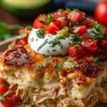 A bubbling 9x13 baking dish of golden brown chicken enchilada casserole with melted cheese and fresh cilantro