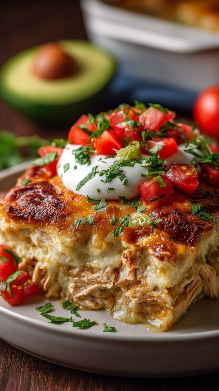 A bubbling 9x13 baking dish of golden brown chicken enchilada casserole with melted cheese and fresh cilantro