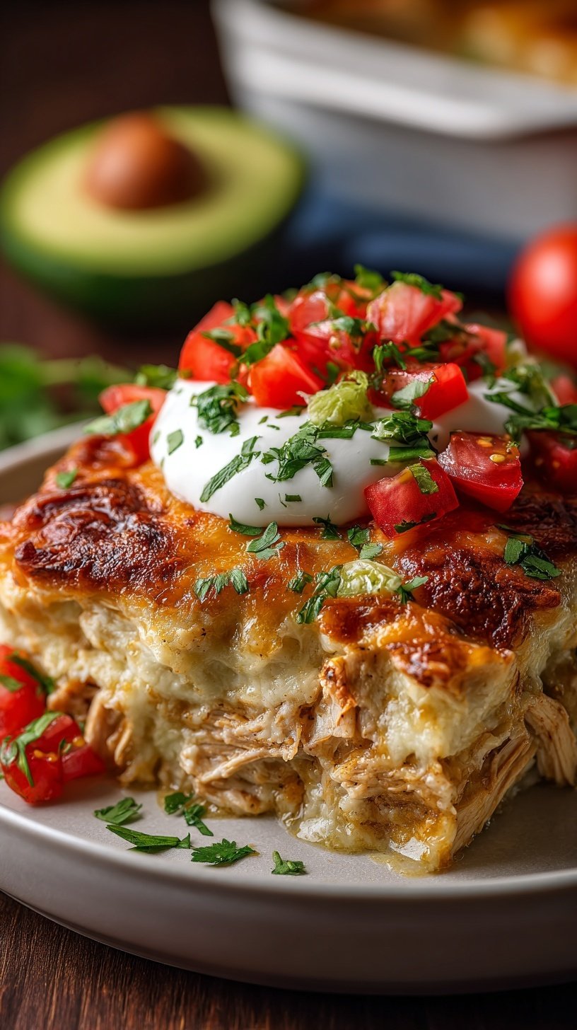 A bubbling 9x13 baking dish of golden brown chicken enchilada casserole with melted cheese and fresh cilantro