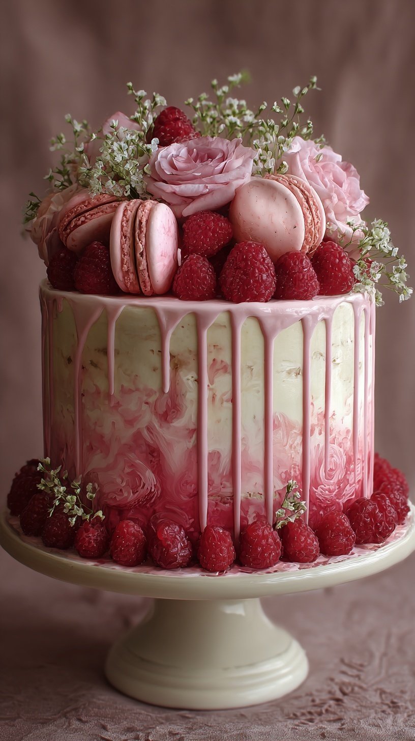 A beautiful multi-layered vanilla cake filled with bright red raspberry compote and topped with white mascarpone cream.