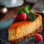 A slice of creamy orange sweet potato cheesecake on a graham cracker crust with whipped cream
