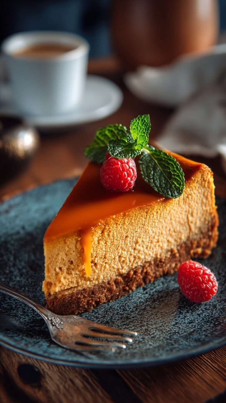 A slice of creamy orange sweet potato cheesecake on a graham cracker crust with whipped cream