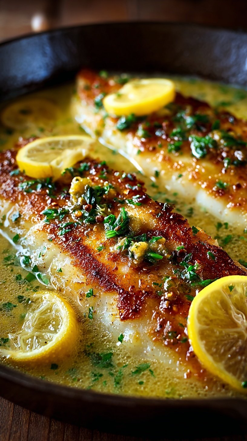 Golden pan-fried fish fillets drizzled with zesty lemon butter sauce and fresh parsley