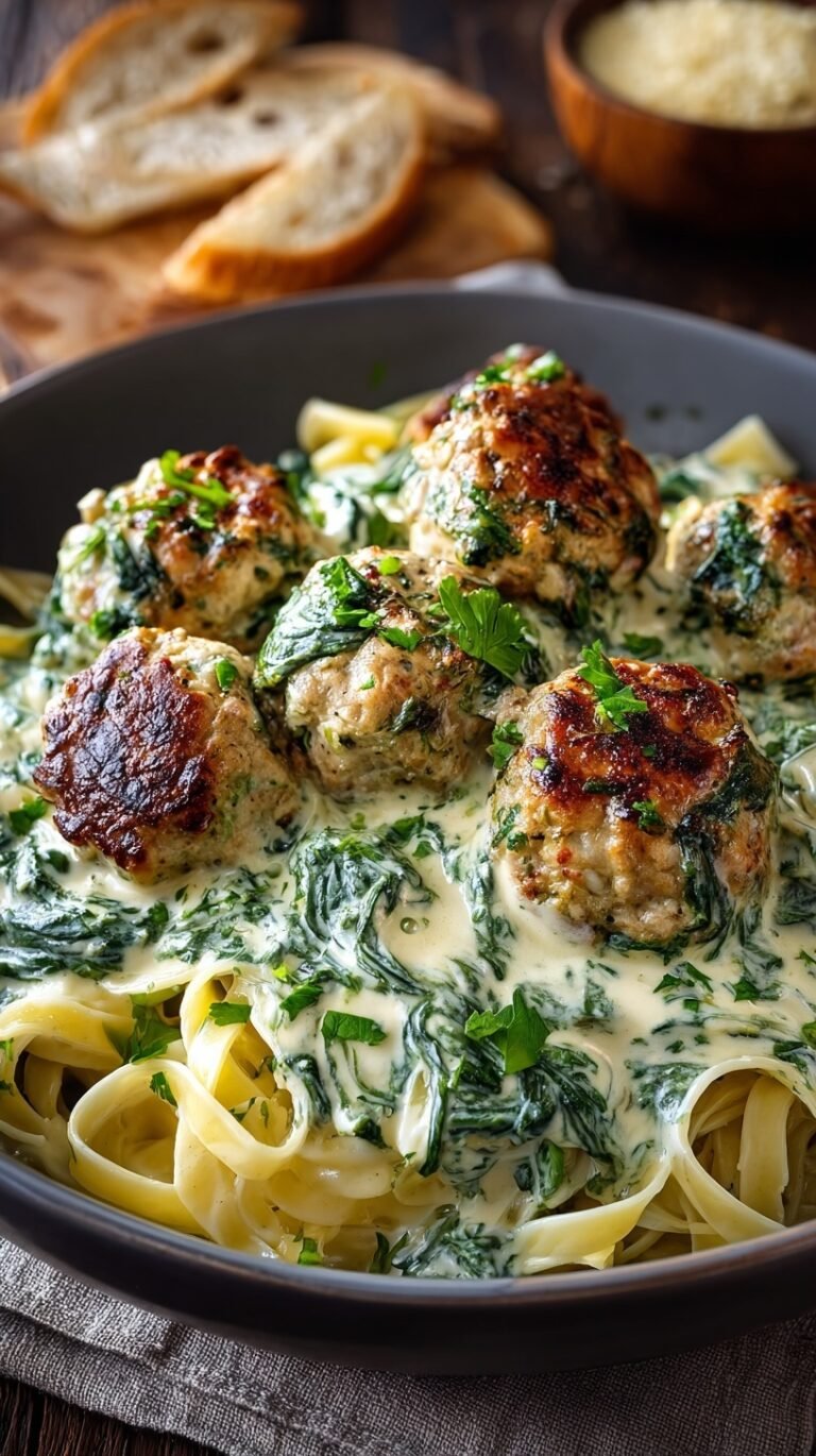 Golden brown chicken meatballs nestled in a creamy white alfredo sauce with green spinach leaves in a black skillet.