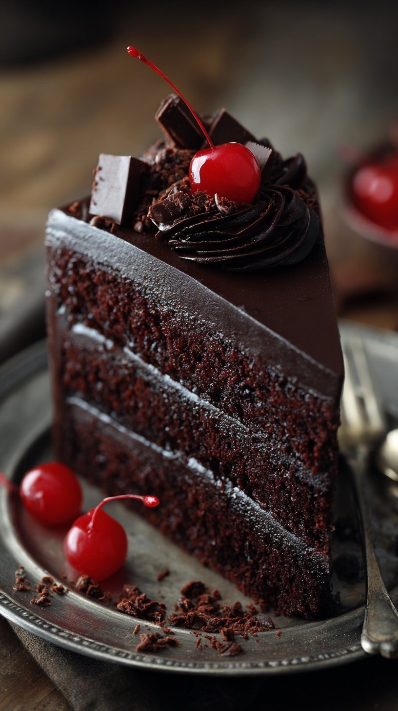 A stunning two-layer dark chocolate cake with glossy chocolate ganache on a serving plate.