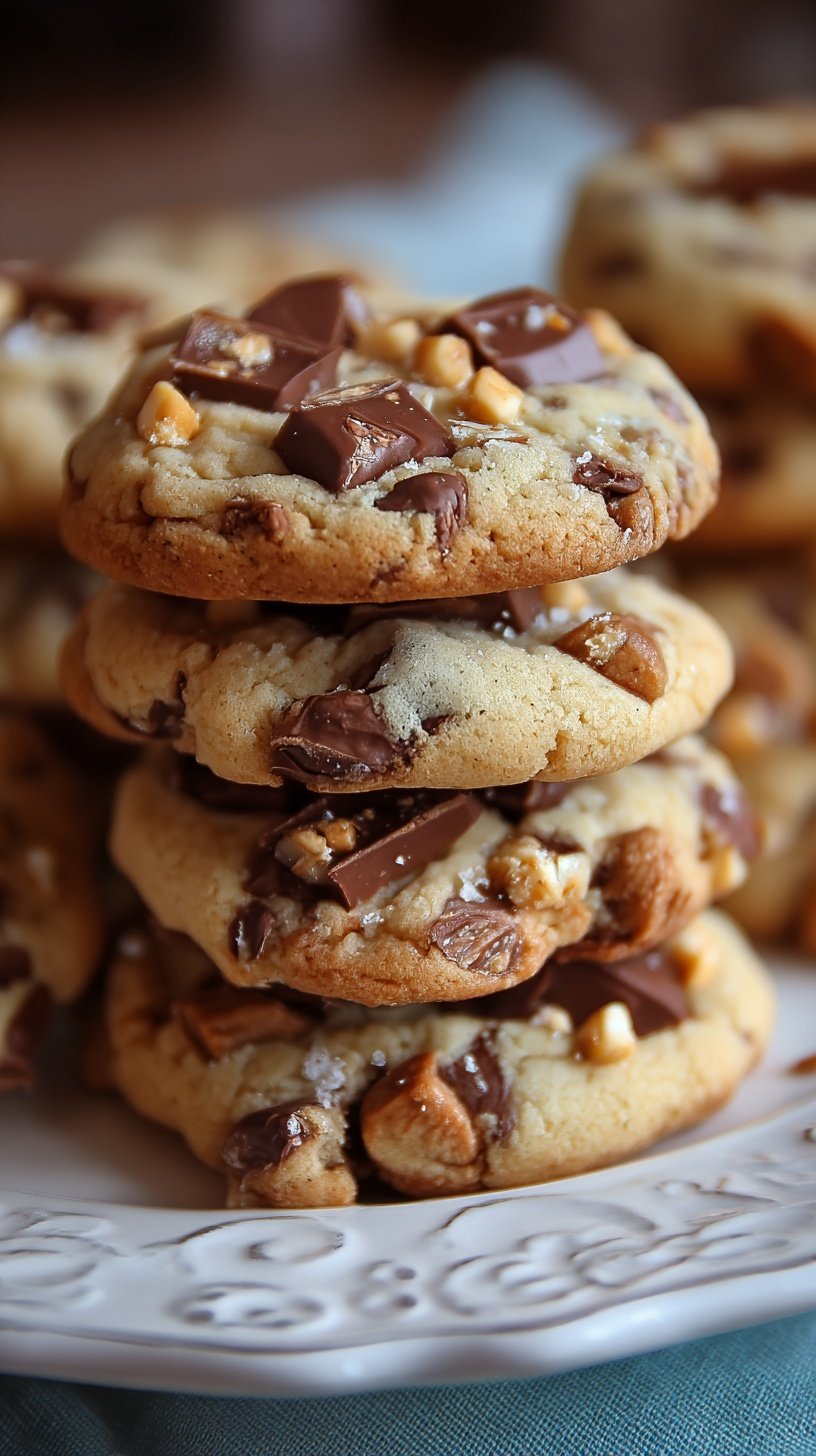 A stack of dark chocolate and peanut butter no-bake cookies on white parchment paper.