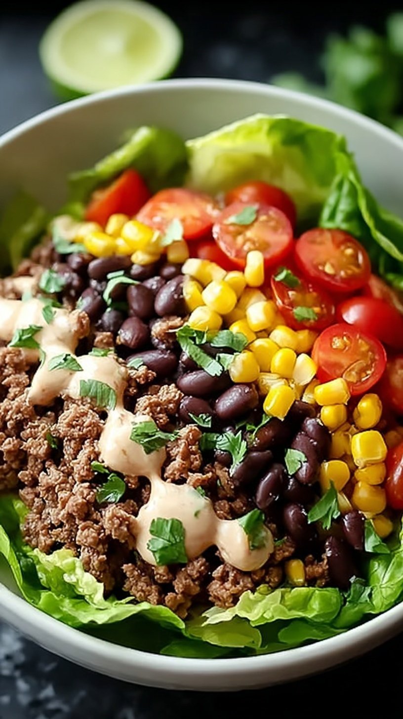 A vibrant high protein taco salad bowl with ground beef, black beans, avocado, and creamy lime dressing.