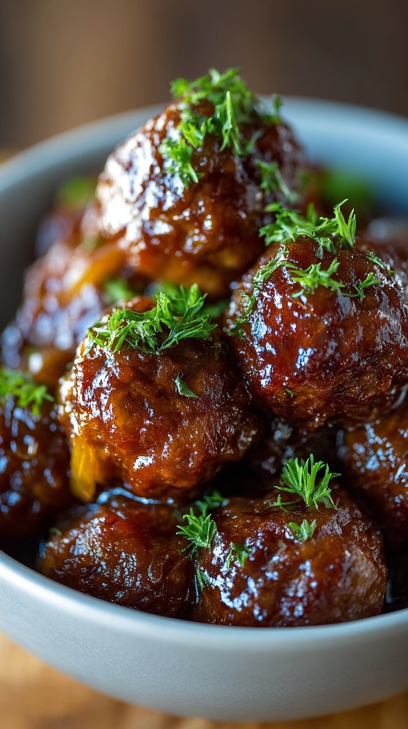 Slow cooker filled with beef meatballs, caramelized onions, and melted Gruyère cheese garnished with parsley.