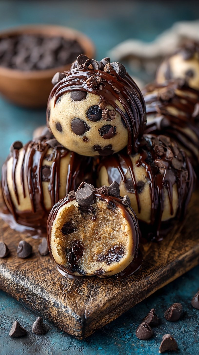 A platter of chocolate-covered brownie bombs with a cookie dough center sliced open.
