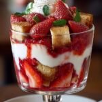 A glass trifle bowl filled with layers of sponge cake, vanilla custard, and fresh strawberries topped with whipped cream.