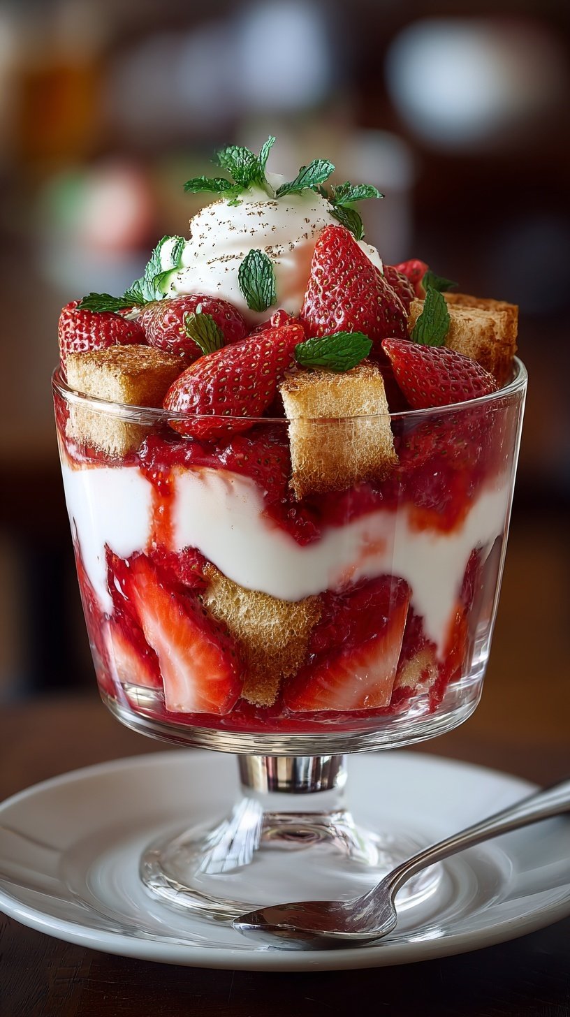 A glass trifle bowl filled with layers of sponge cake, vanilla custard, and fresh strawberries topped with whipped cream.