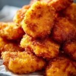 Golden brown crispy chicken nuggets on a wire rack