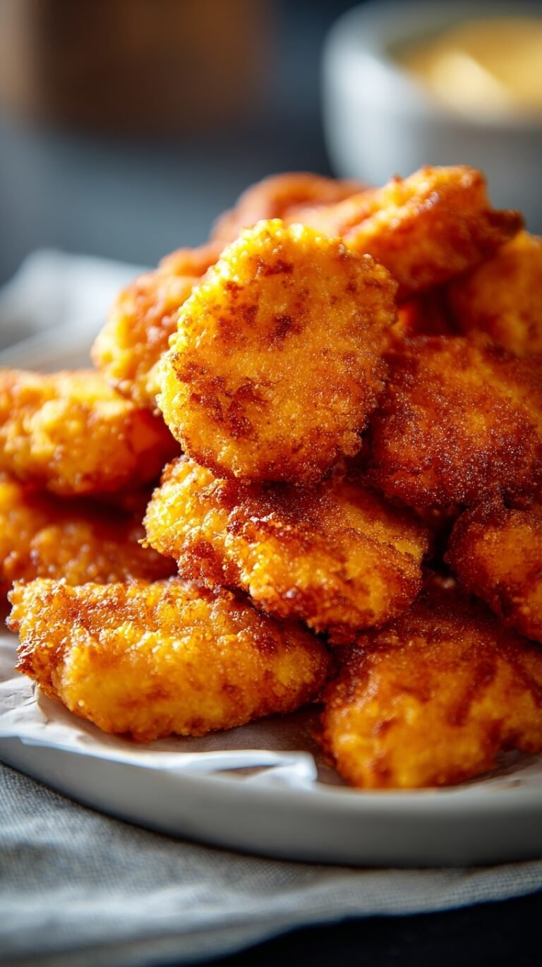 Golden brown crispy chicken nuggets on a wire rack