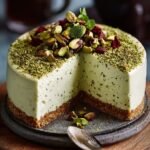 A slice of Pistachio Dream Cheesecake with green pistachio garnish and white chocolate topping