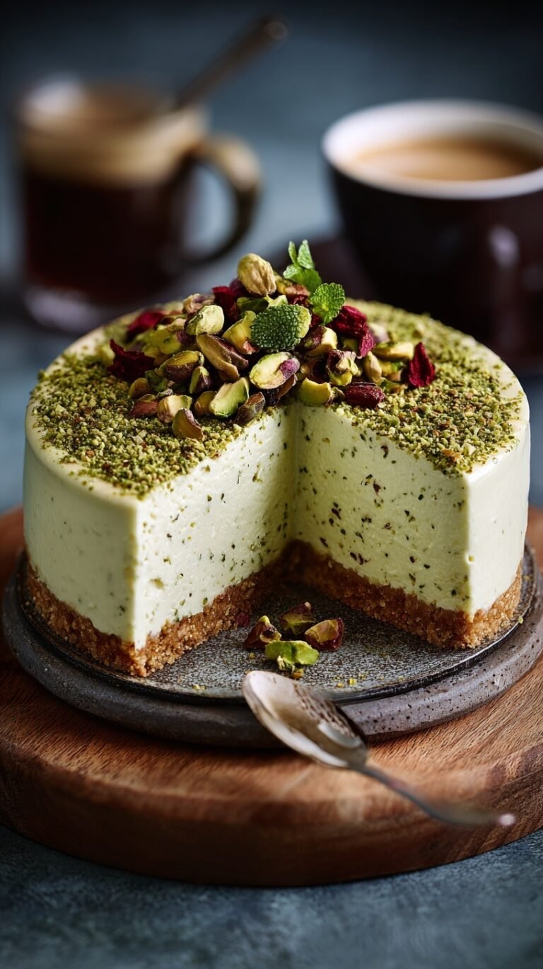 A slice of Pistachio Dream Cheesecake with green pistachio garnish and white chocolate topping