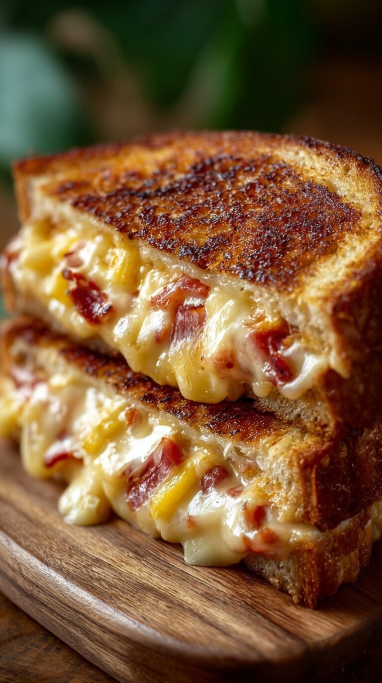 Golden brown toasted Hawaiian Pizza Grilled Cheese sandwich with melted mozzarella and pineapple.