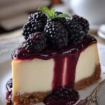 A slice of creamy cheesecake with a dark purple blackberry swirl on a graham cracker crust.