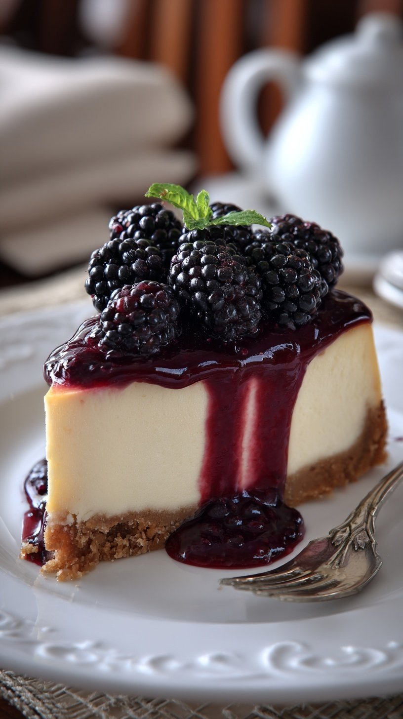 A slice of creamy cheesecake with a dark purple blackberry swirl on a graham cracker crust.