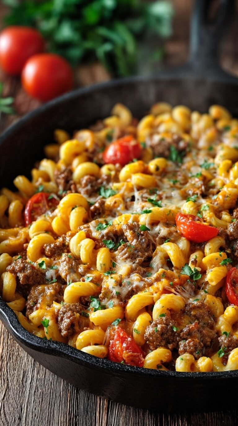 A large black skillet filled with creamy cheeseburger pasta and melted cheddar cheese.