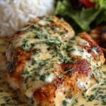 Baked chicken breasts covered in creamy ranch sauce, melted cheddar cheese, and crispy bacon bits in a glass baking dish.