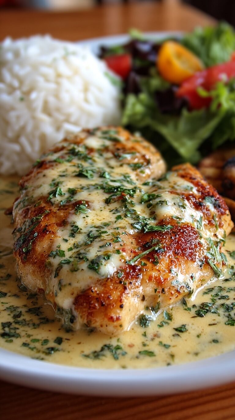 Baked chicken breasts covered in creamy ranch sauce, melted cheddar cheese, and crispy bacon bits in a glass baking dish.