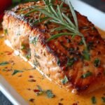 A plate of pan-seared salmon topped with a vibrant orange-red roasted pepper cream sauce and fresh herbs.