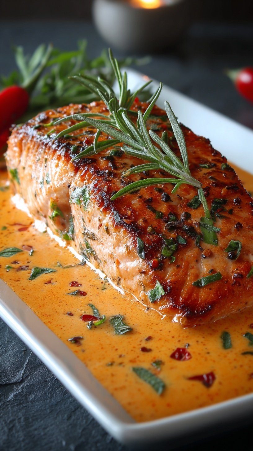 A plate of pan-seared salmon topped with a vibrant orange-red roasted pepper cream sauce and fresh herbs.