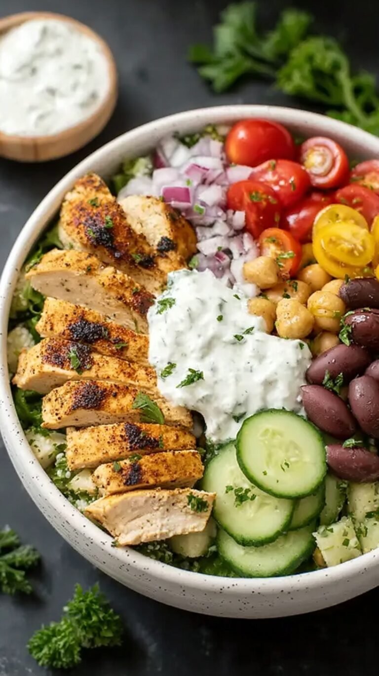 A vibrant Greek Chicken Power Bowl with grilled chicken, quinoa, tomatoes, cucumbers, and feta cheese
