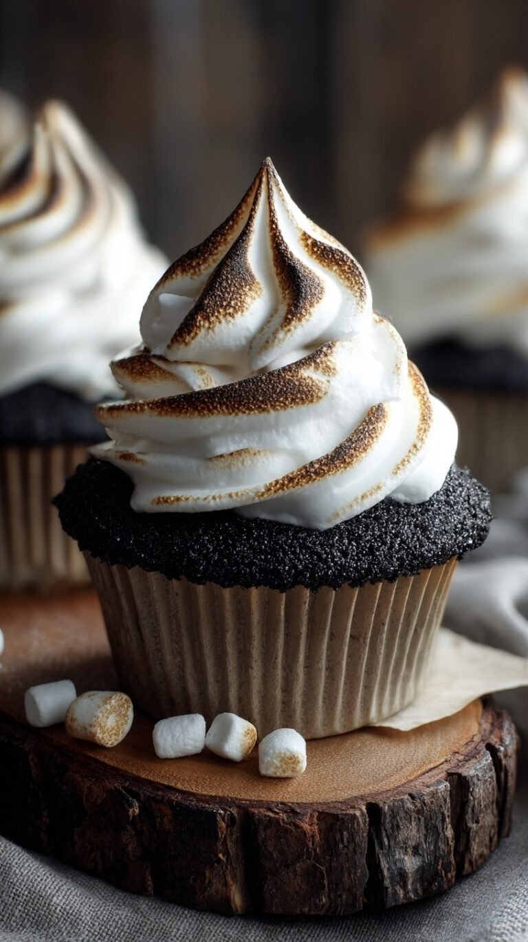 Dark black velvet cupcakes topped with tall swirls of white marshmallow frosting