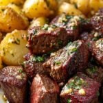 Golden brown steak bites and crispy potato cubes tossed in garlic butter and fresh parsley