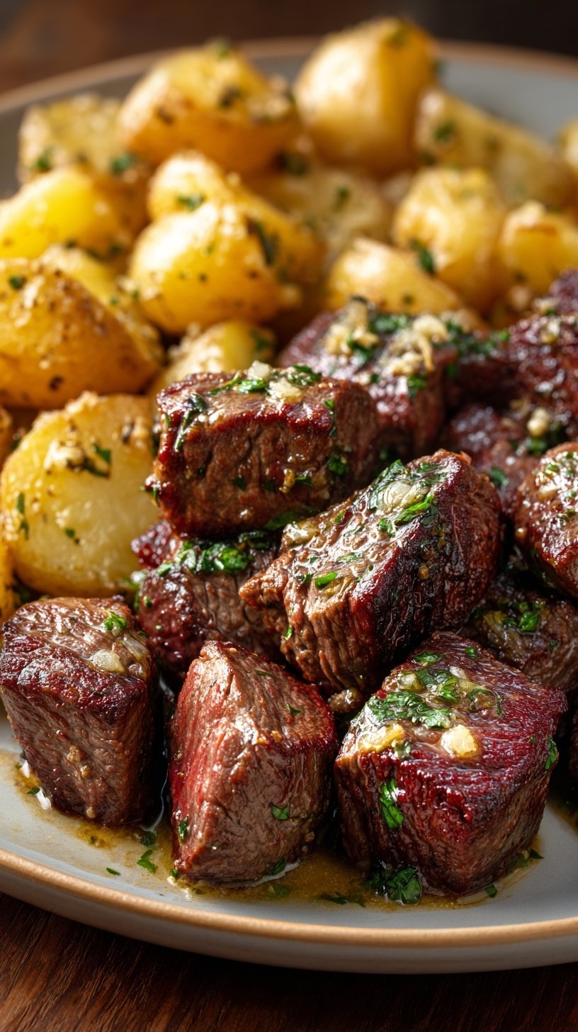 Golden brown steak bites and crispy potato cubes tossed in garlic butter and fresh parsley