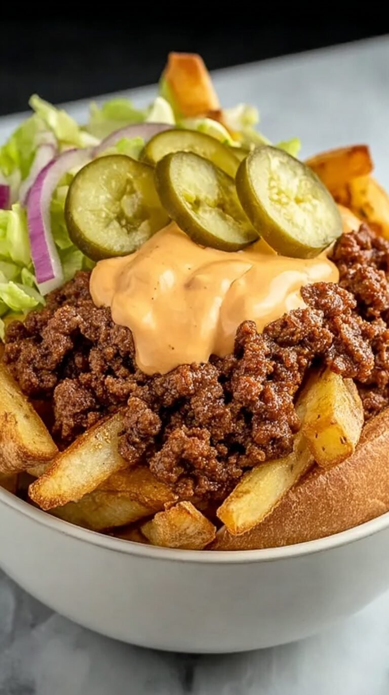 A colorful burger bowl with crispy potato fries, seasoned ground beef, fresh lettuce, and creamy sauce