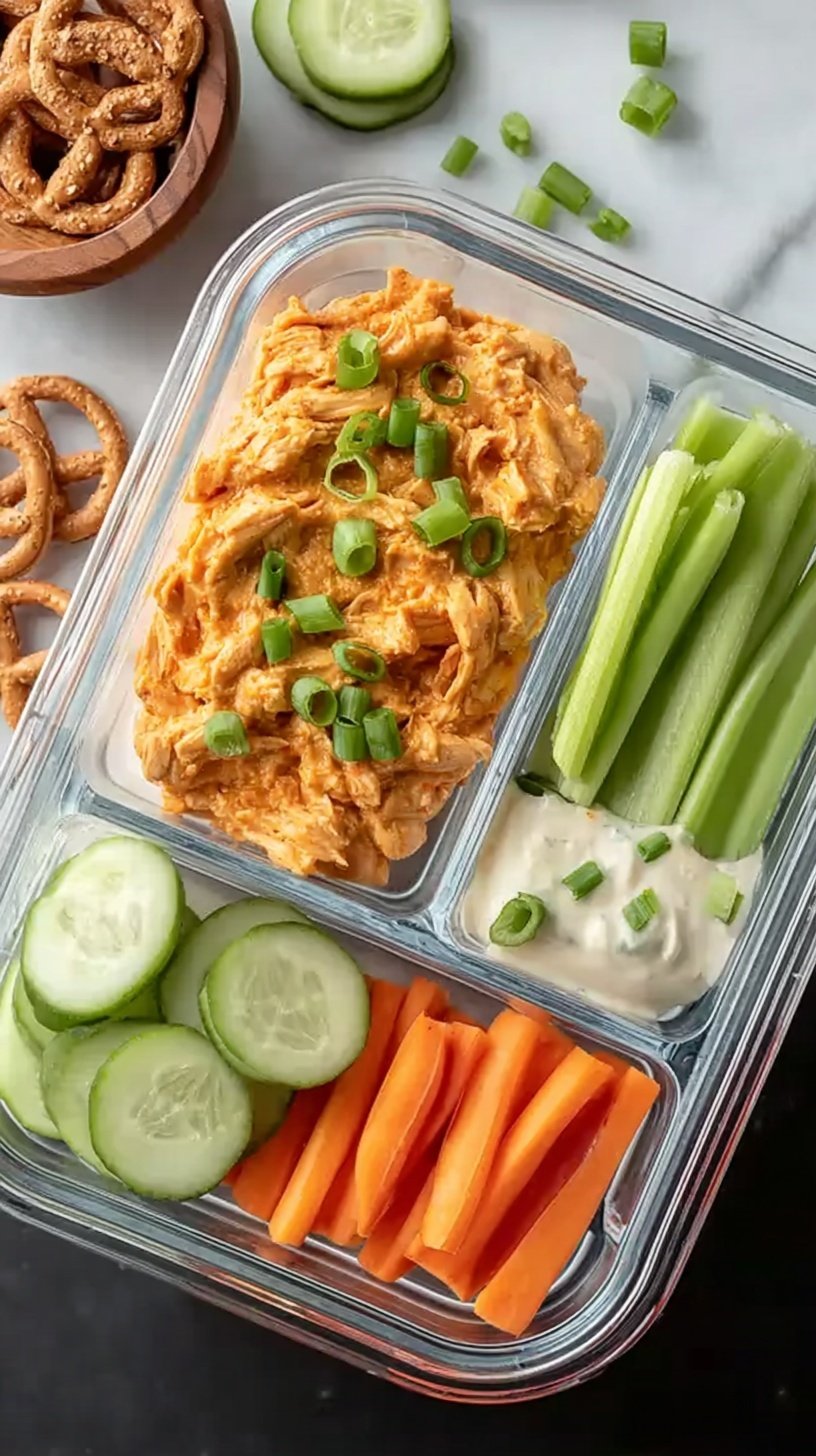 Four buffalo chicken wraps sliced and packed in meal prep containers with celery sticks.