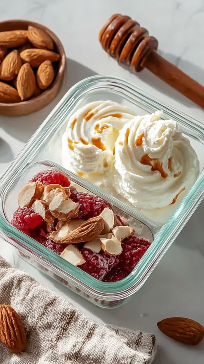 A divided meal prep container filled with smooth whipped cottage cheese, cucumbers, tomatoes, almonds, and crackers.