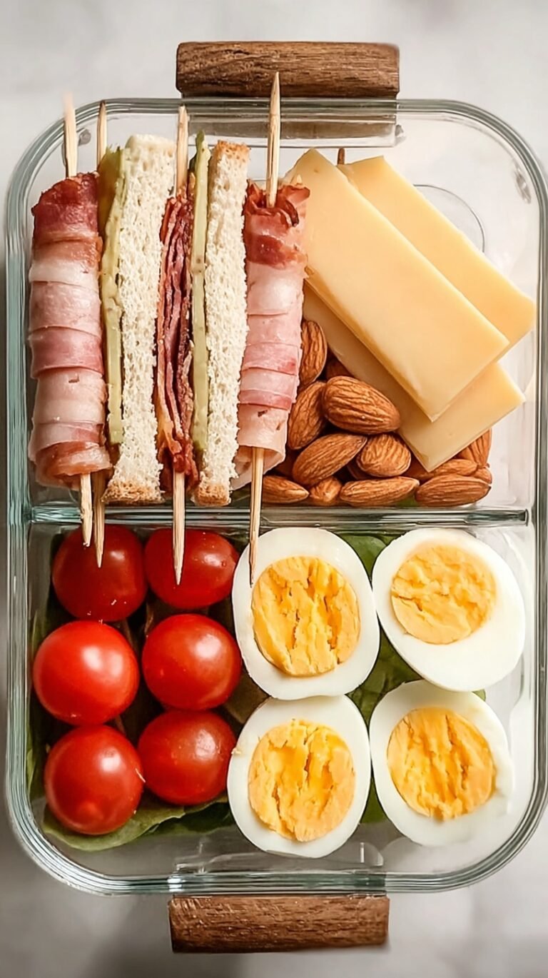 A meal prep container filled with turkey, ham, bacon, lettuce wraps, avocado, and a hard-boiled egg.
