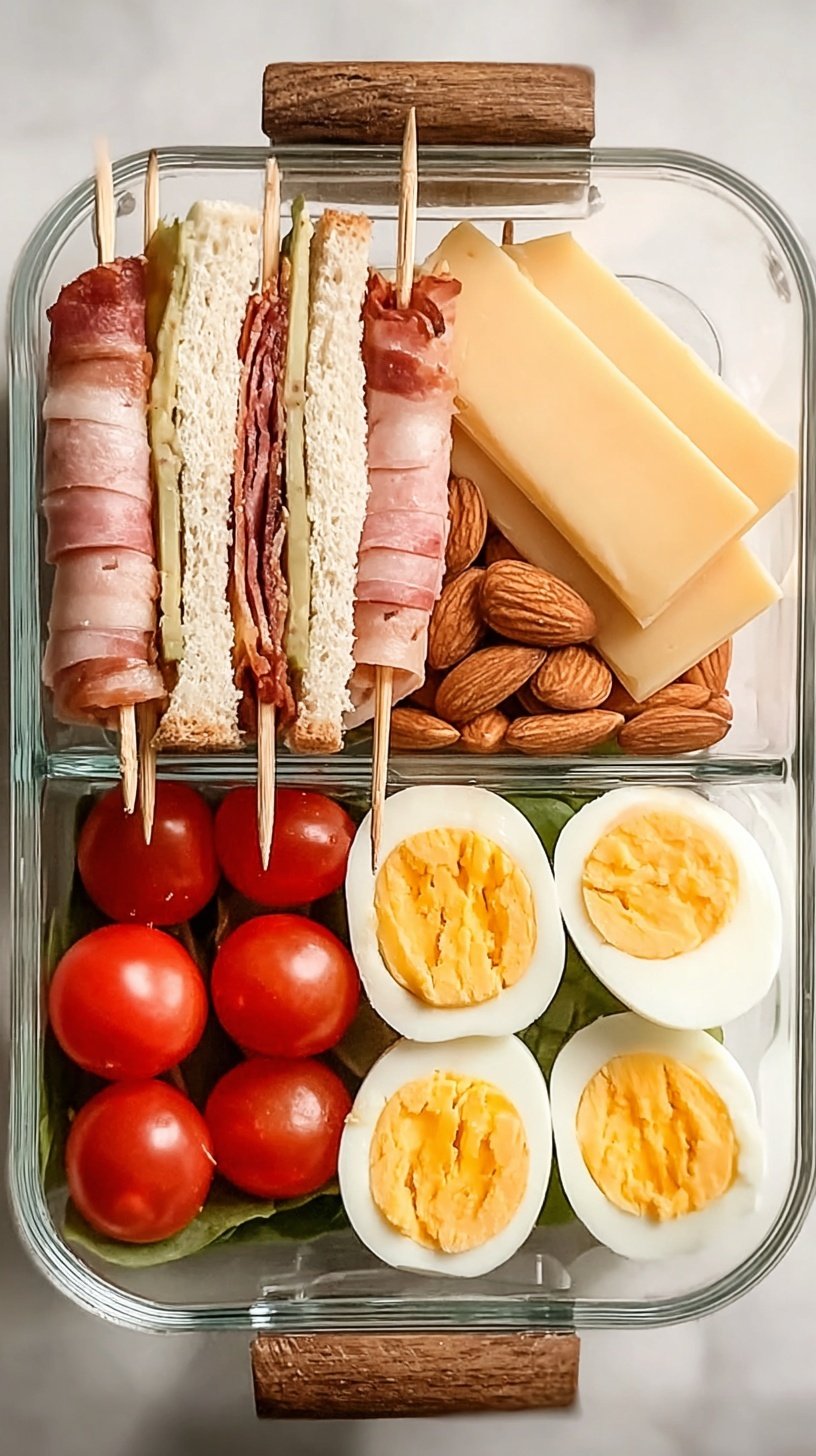 A meal prep container filled with turkey, ham, bacon, lettuce wraps, avocado, and a hard-boiled egg.