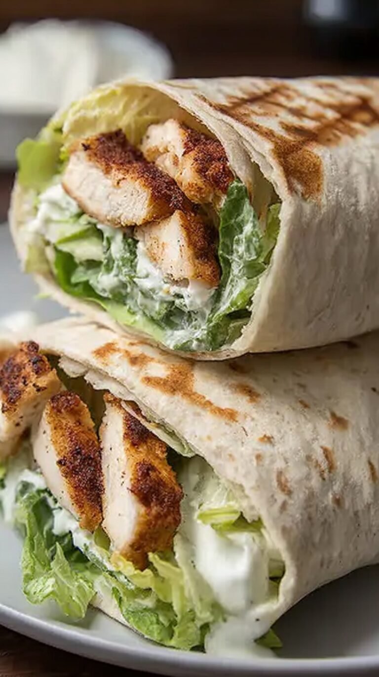 Two sliced high protein chicken caesar wraps filled with grilled chicken, romaine lettuce, and creamy dressing on a white plate.