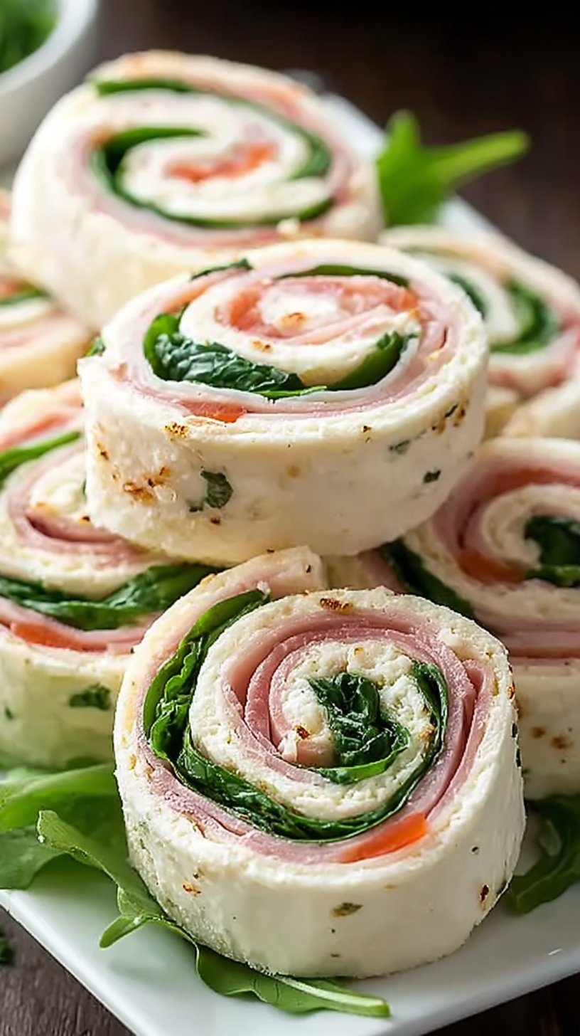Sliced turkey and cheese pinwheels with spinach and creamy herb spread on a white plate