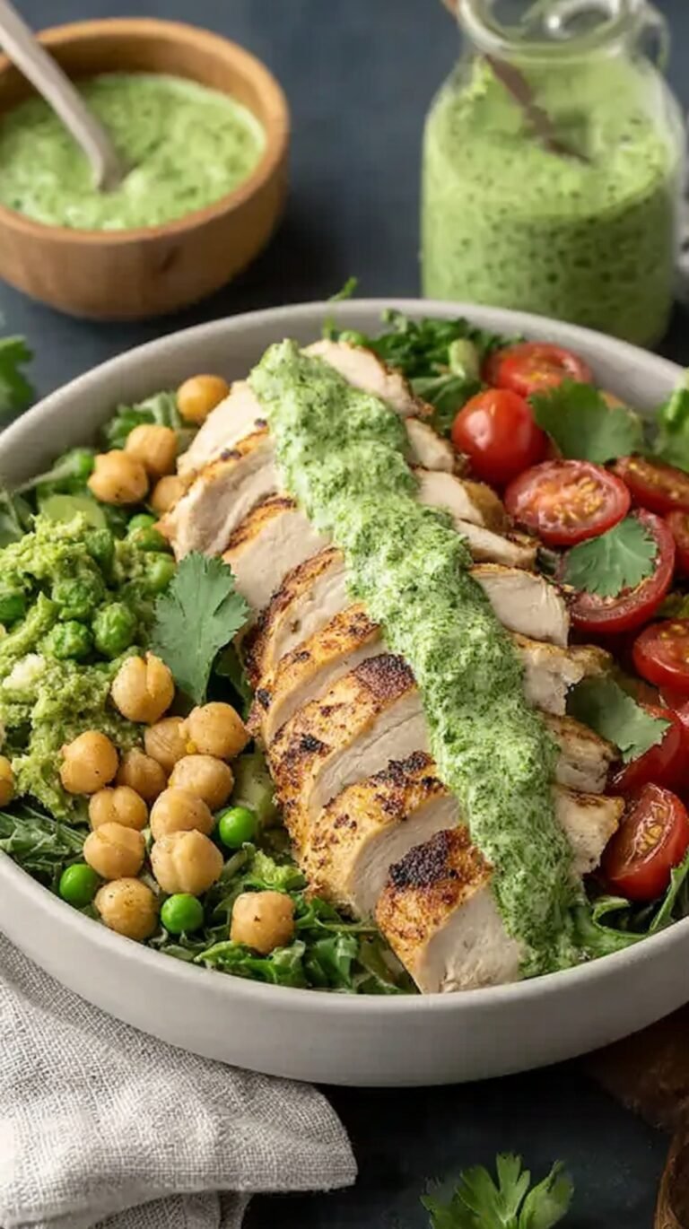 A large bowl of chopped green salad with diced grilled chicken and creamy green dressing.