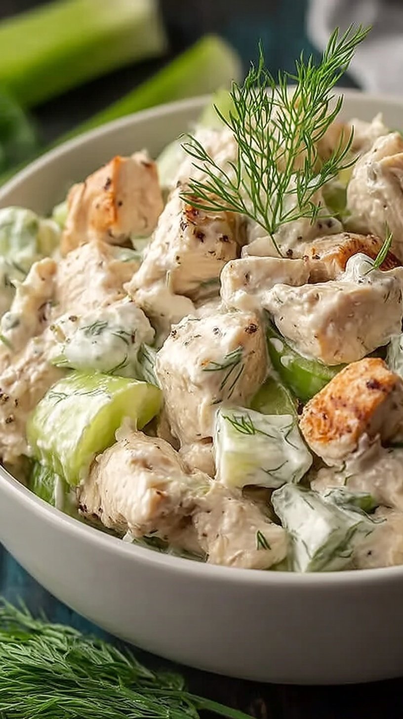 A bowl of creamy high protein chicken salad with fresh parsley and celery
