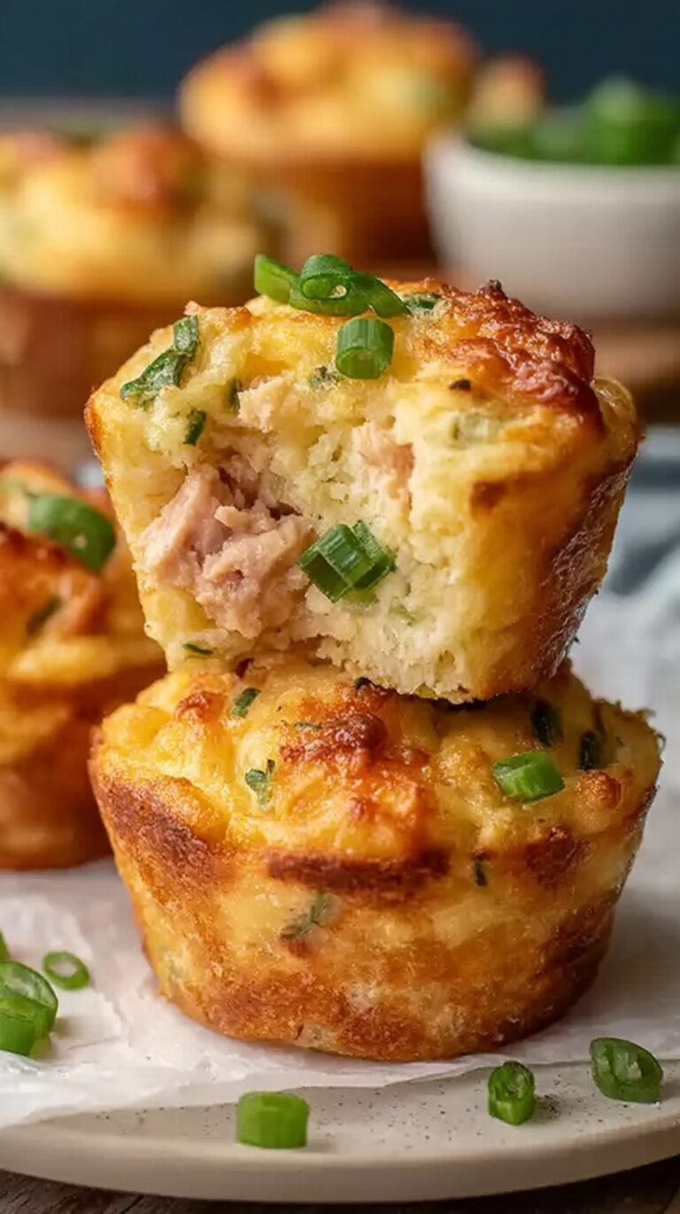 Golden brown tuna melt muffins in a muffin tin with green onions on top