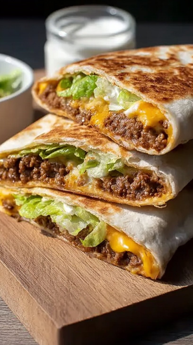 A golden brown, toasted hexagonal crunchwrap cut in half showing layers of beef, cheese, and lettuce.