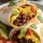 Golden-brown breakfast burritos filled with eggs, turkey, and black beans on a white plate.