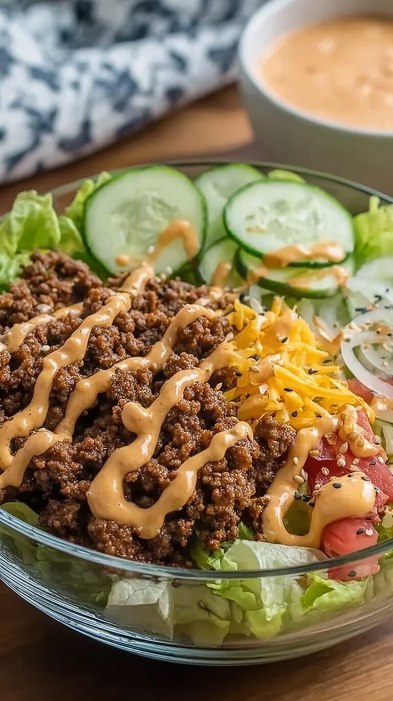 A colorful meal prep bowl containing ground beef, shredded lettuce, cheese, pickles, and a creamy orange dressing.
