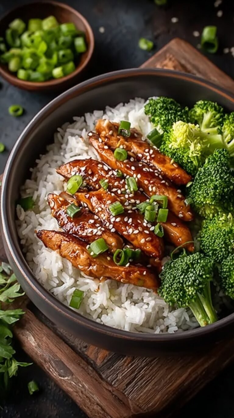A bowl of shredded teriyaki chicken over jasmine rice with steamed broccoli and sesame seeds