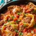 A bowl of slow cooker unstuffed cabbage rolls with ground beef, rice, and tender cabbage in tomato sauce.