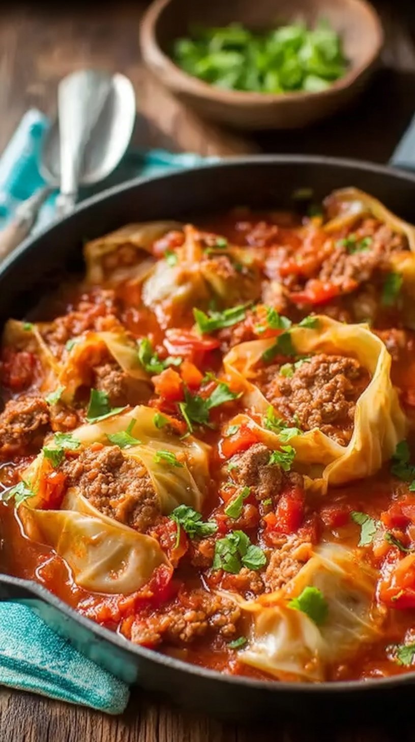 A bowl of slow cooker unstuffed cabbage rolls with ground beef, rice, and tender cabbage in tomato sauce.