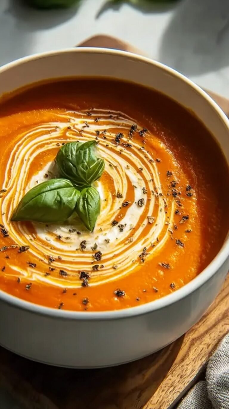 A bowl of creamy orange tomato soup topped with fresh herbs and cracked black pepper next to a spoon.