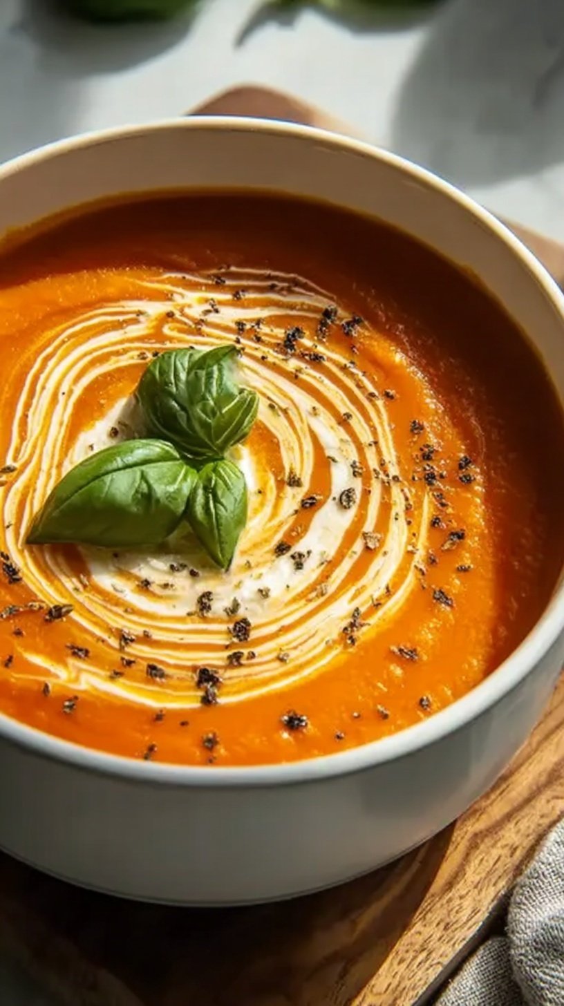 A bowl of creamy orange tomato soup topped with fresh herbs and cracked black pepper next to a spoon.