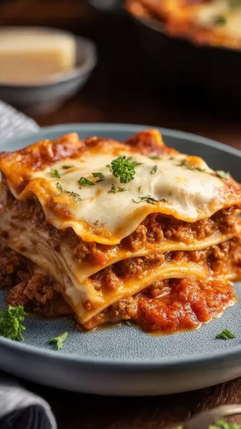 A bubbly, golden brown high protein lazy lasagna in a white baking dish topped with melted mozzarella and fresh herbs.